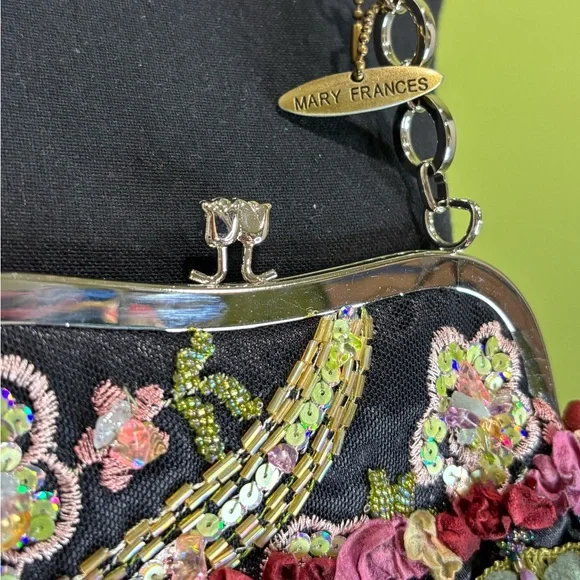 Mary Frances Black Satin Beaded Appliquéd Kisslock Shoulder Bag - Picture 6 of 12